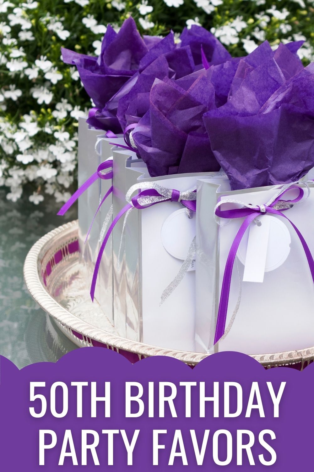 purplr and white 50th birthday party favors