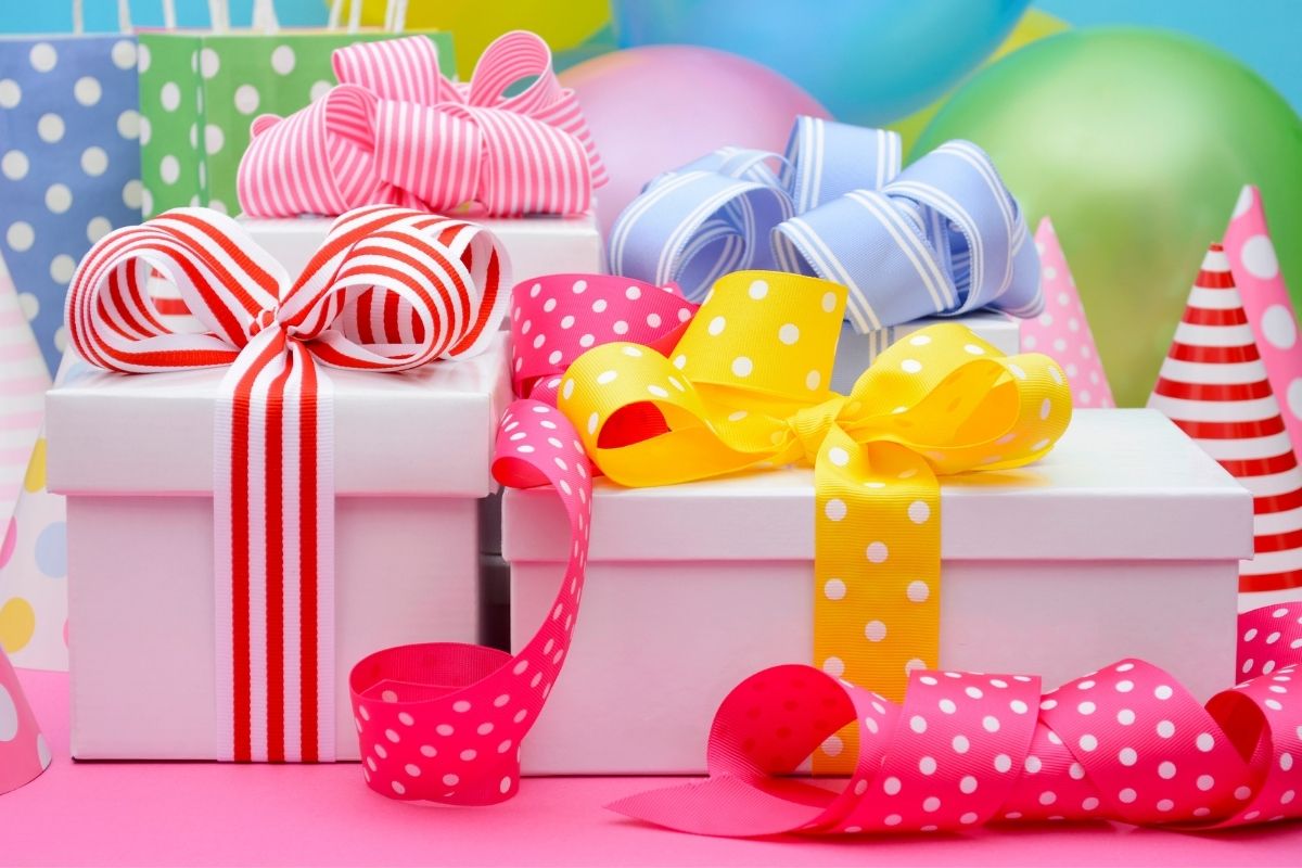 gift boxes decorated with bright colored bows