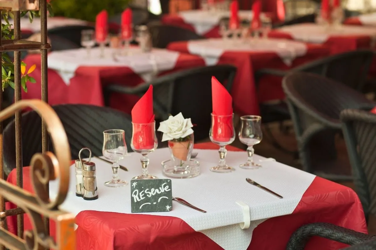 french restaurant with red and white decorations
