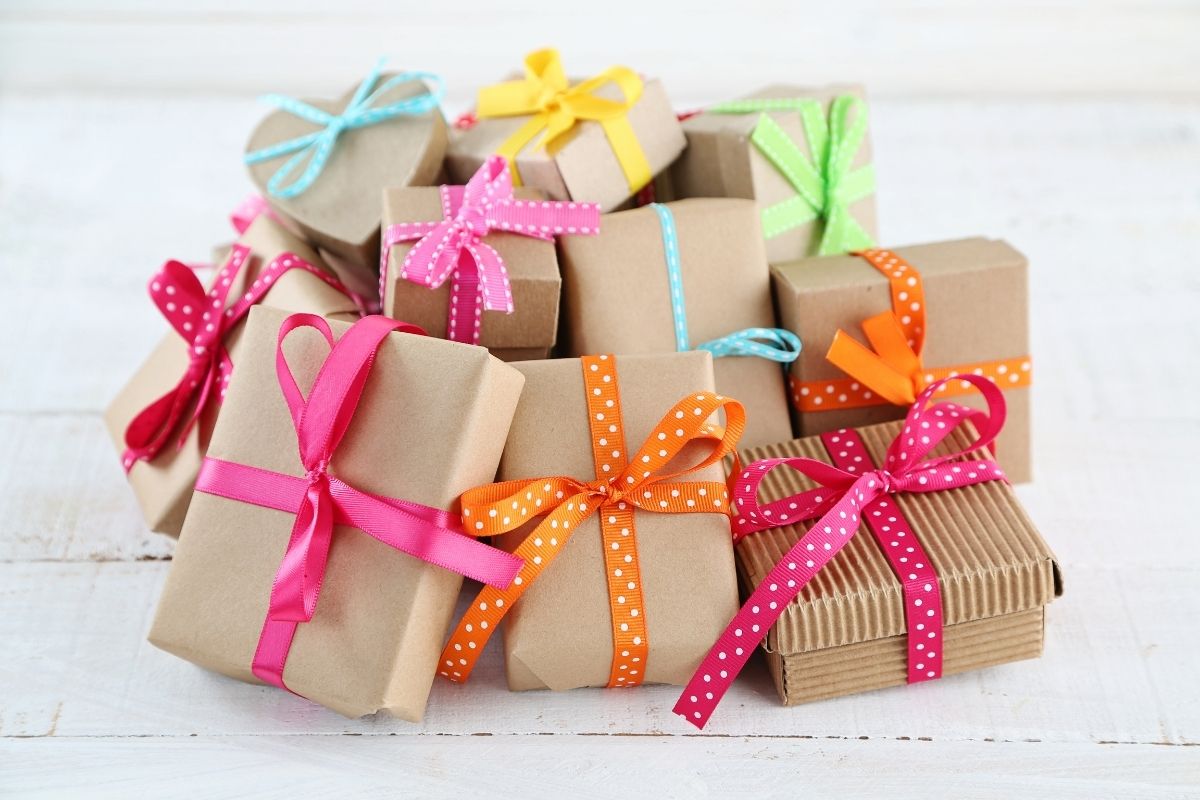 gift boxes with colorful polka-dotted bows