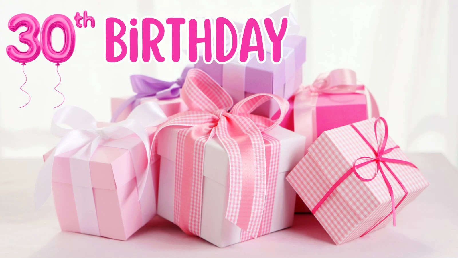 a pile of gifts wrapped in pink paper for a 30th birhtday.